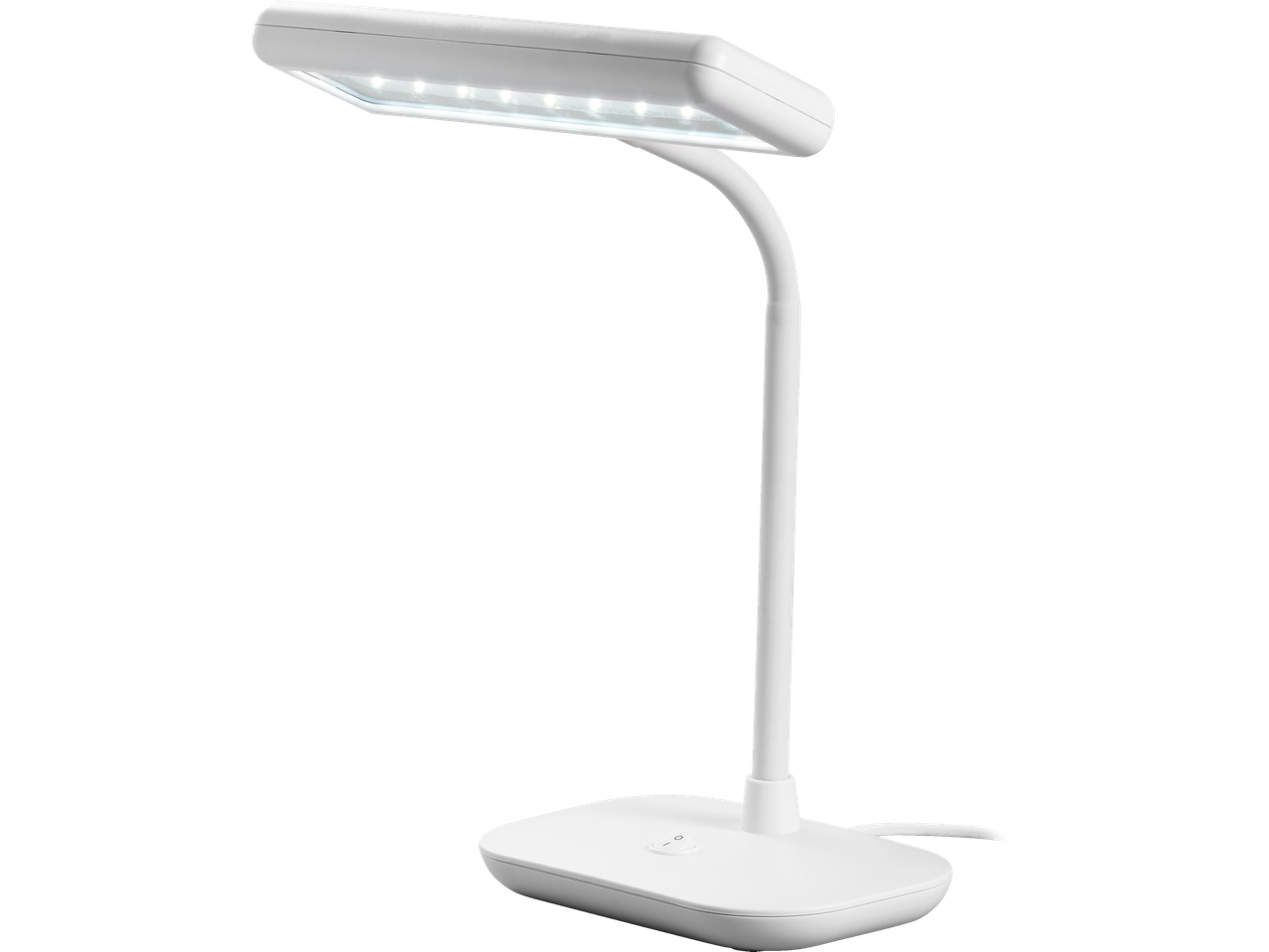 Valge LIVARNO home LED-laualamp painduva kaela ja valgustatud LED-idega.