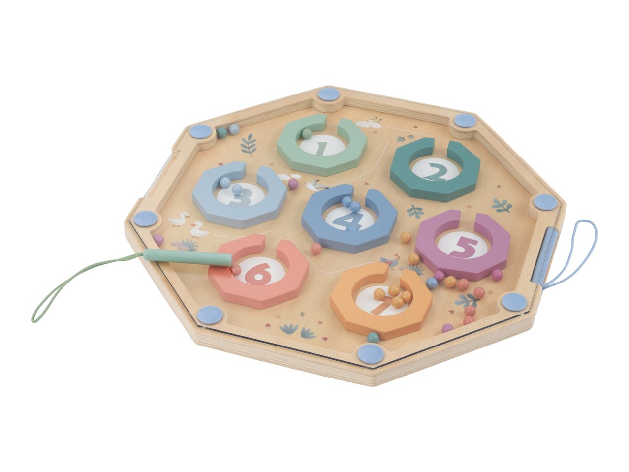 Wooden hexagonal magnetic maze board with numbered sections and colorful balls.