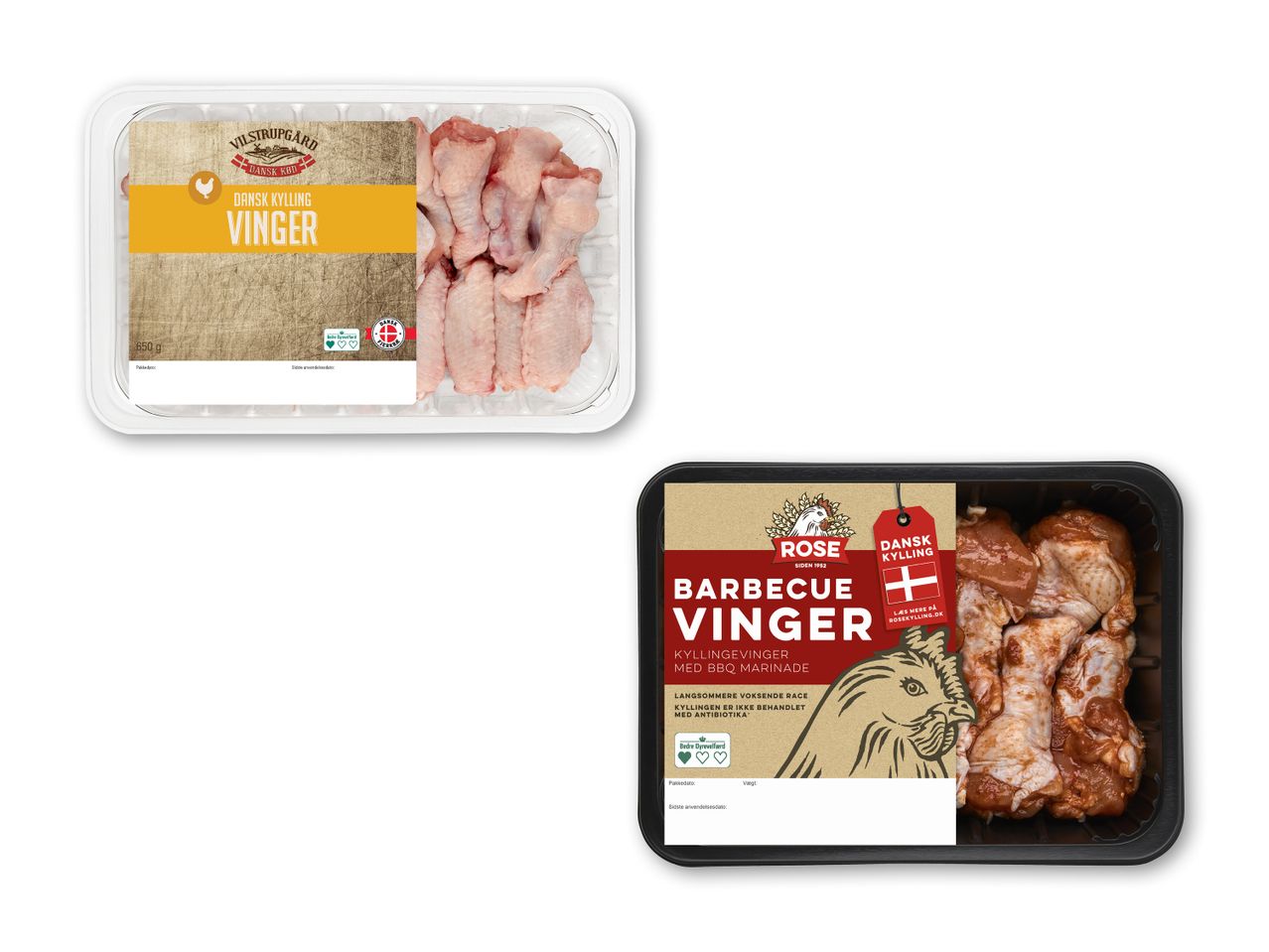 To pakker kyllingevinger, den ene med rå kyllingevinger fra Vilstrupgaard og den anden med marinerede BBQ-kyllingevinger fra Rose.