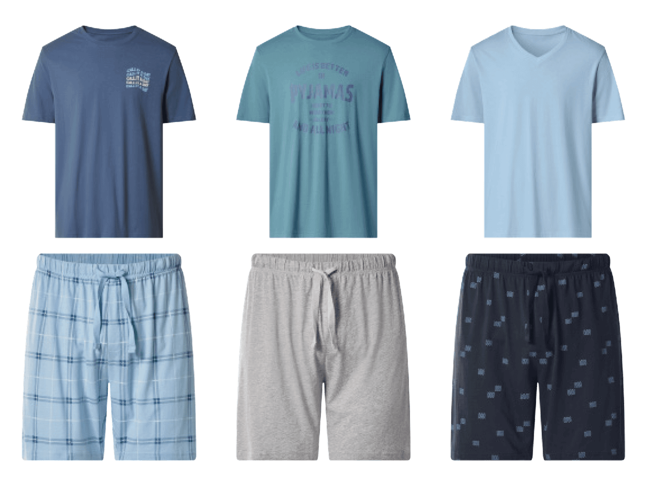 Vyriškos pižamos: trys marškinėliai ir trys šortai. Marškinėliai su užrašais ir V formos iškirpte, šortai languoti, pilki ir su raštais.