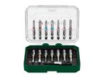 A set of screwdriver bits and an adapter in a green and clear plastic case.