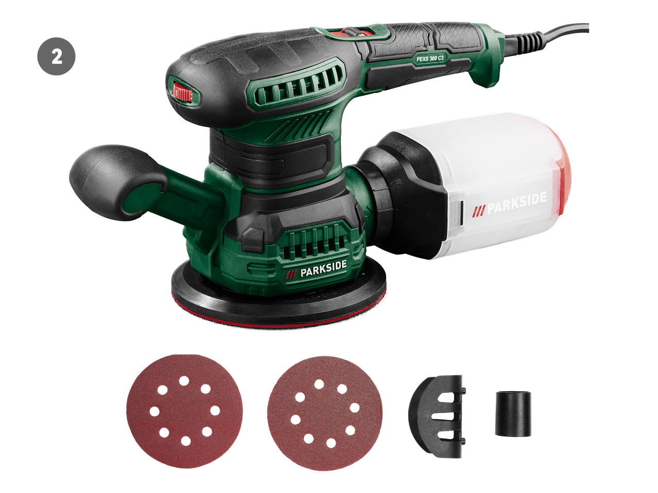 Orbitalna brusilica s vrećicom za prašinu, brusnim papirom i dodacima.