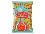 FOOD FESTIVAL Snack Rings ketchupsmaak, in een turquoise verpakking met snackringen en dip.