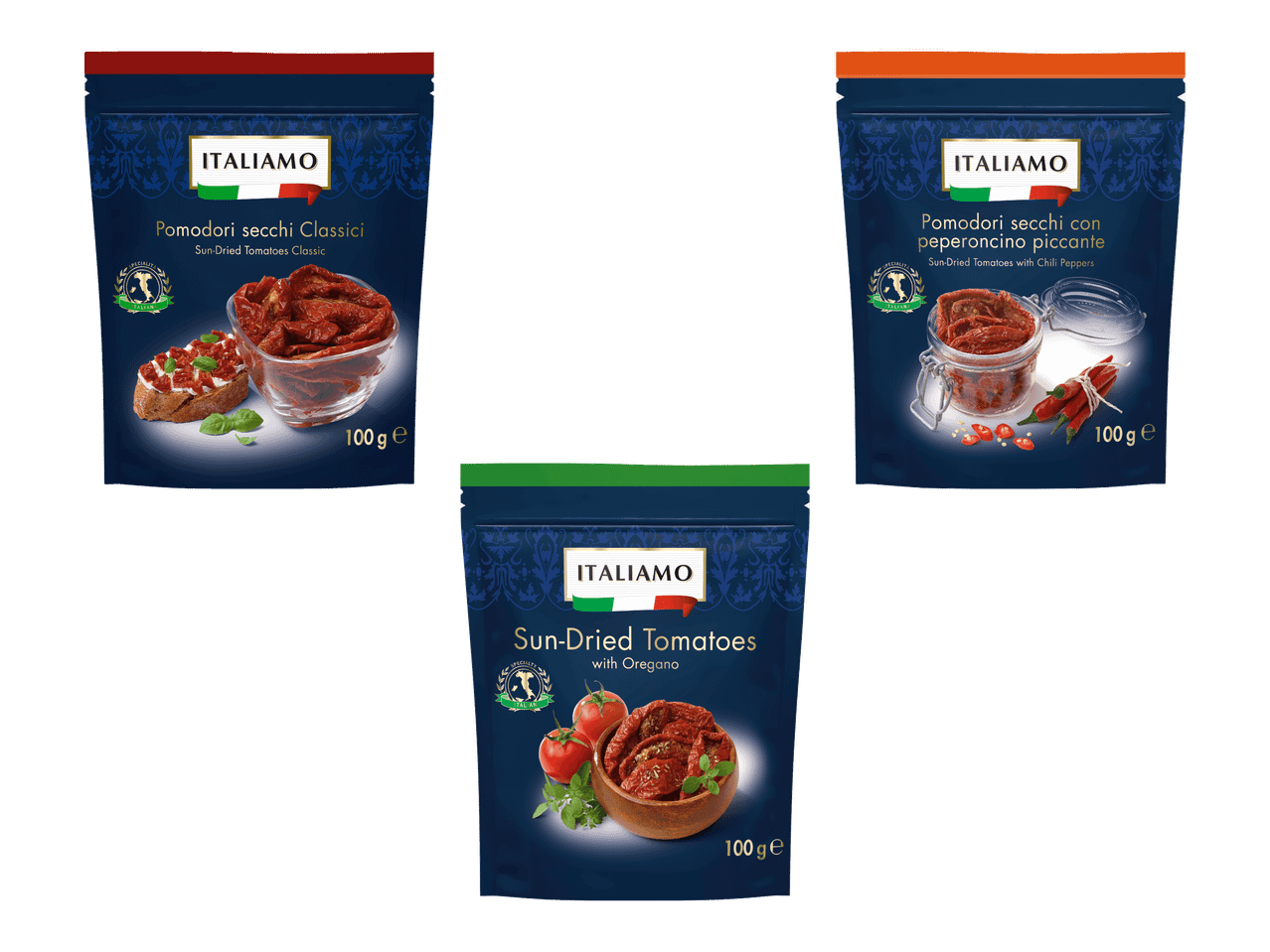 Kolme pussia Italiamo-aurinkokuivattuja tomaatteja: klassinen, chilillä ja oreganolla.