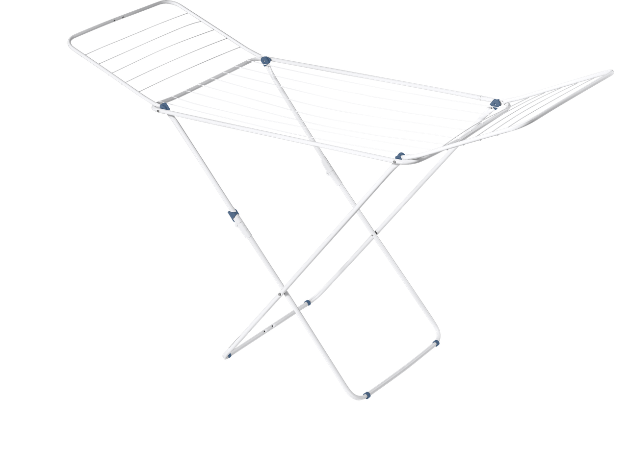 W5® Wäscheständer, weiß mit blauen Akzenten, schräge Ansicht.