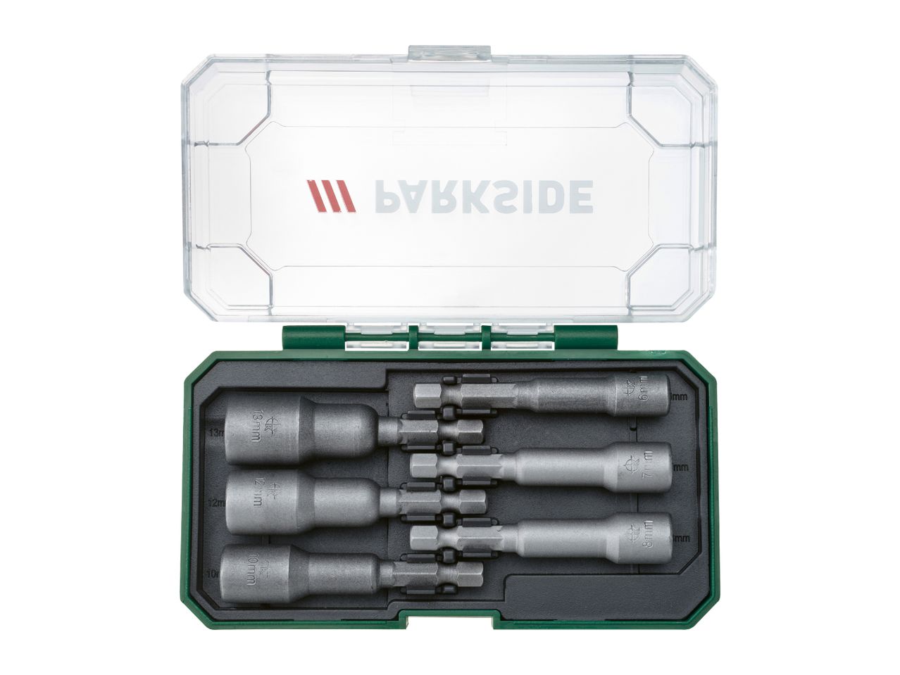 Open case with a set of 8 hex socket bits, ranging from 6mm to 13mm.