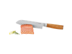 Faca de cozinha Silvercrest com filete de salmão, limão e endro sobre fundo preto.