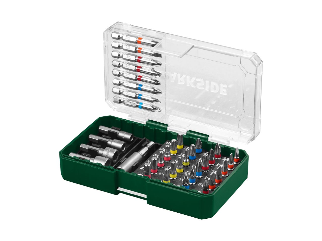 Screwdriver bit set with various bits and nut setters in a green and clear case.