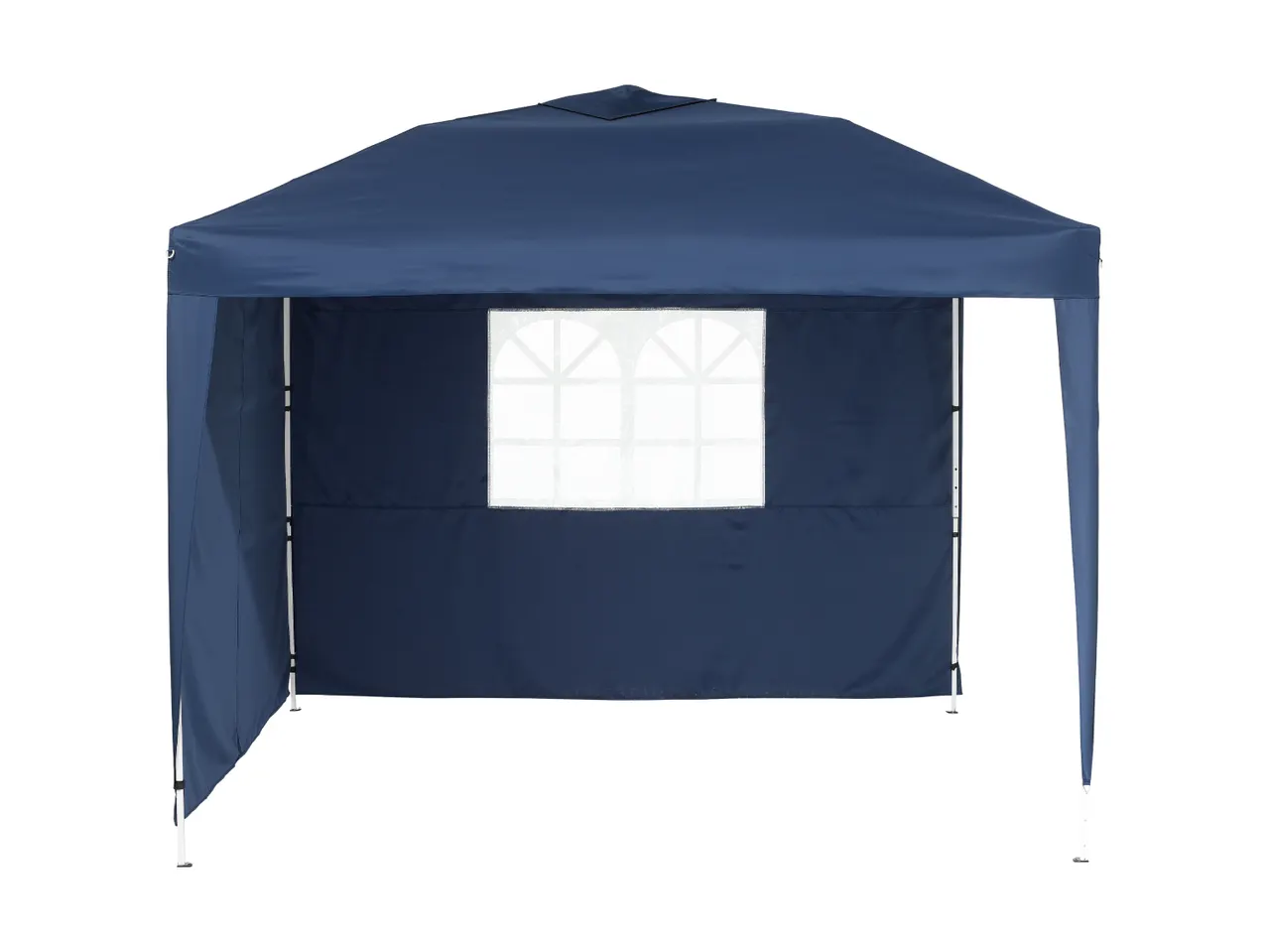 A navy blue pop-up gazebo with a white window panel stands on a white background.