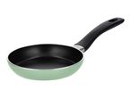 Light green frying pan with a black handle on a white background.