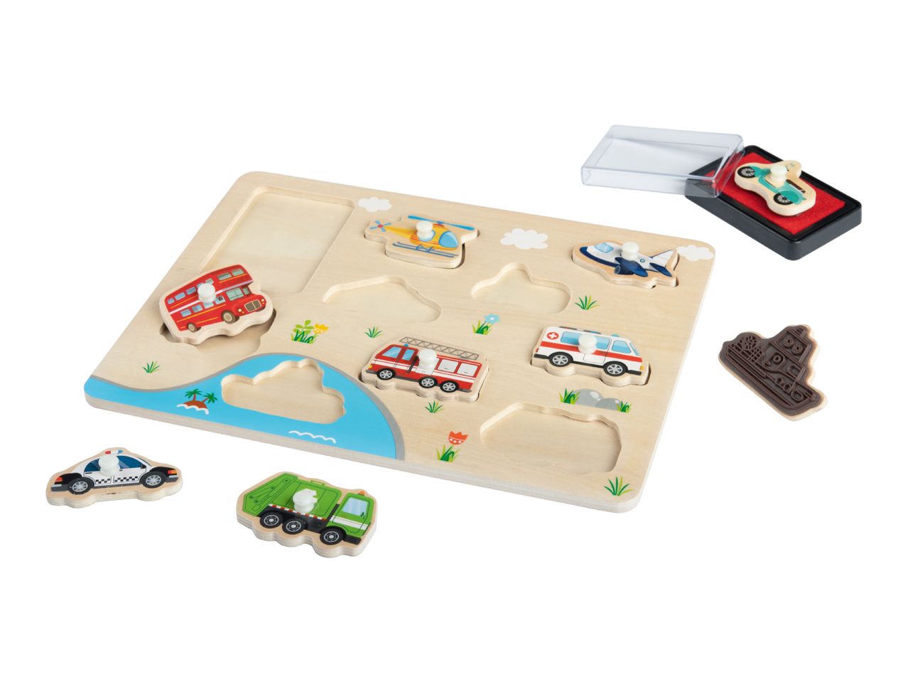Wooden vehicle puzzle with a bus, helicopter, airplane, fire truck, ambulance, police car, and garbage truck pieces, plus two vehicle stamps.