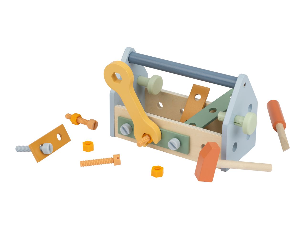 Wooden toy toolbox with wrench, hammer, screwdriver, screws, and nuts.