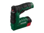A green and black electric stapler with a red power switch and battery indicator lights.