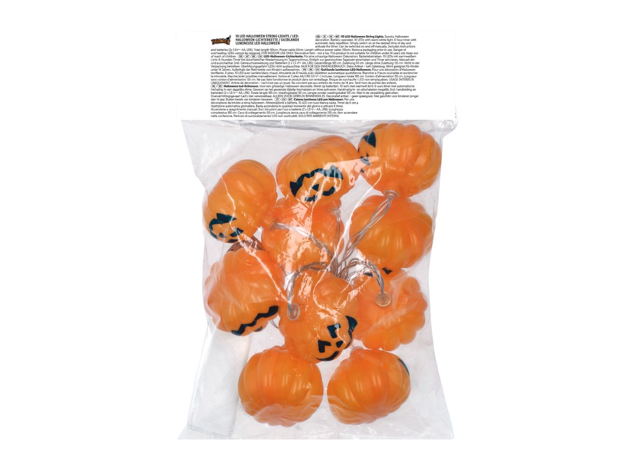 Halloween pumpkin string lights in plastic packaging