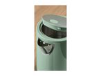Close-up of a mint green electric kettle with a partially open lid, showing the stainless steel interior.