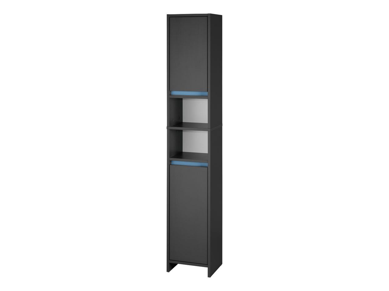 A tall, dark gray bathroom cabinet with two doors, two shelves, and blue LED lighting.