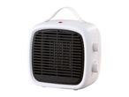 White retro-style portable space heater with a carrying handle and control knobs