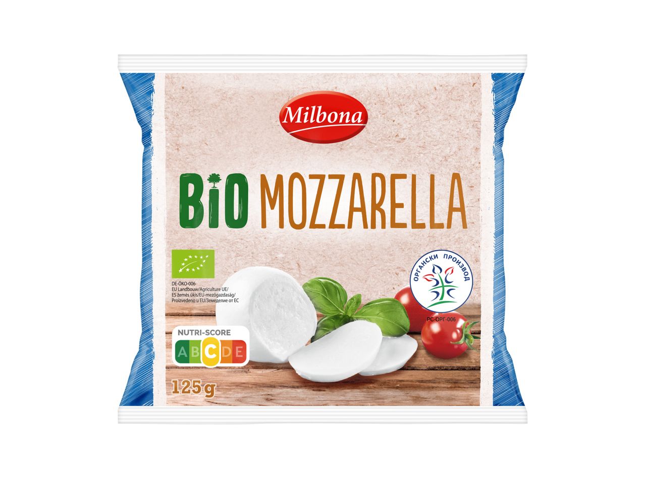 Опаковка Milbona Bio Mozzarella с Nutri-Score A, 125 g/опаковка.