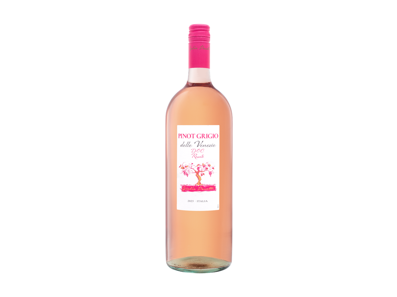 Fles rosé Pinot Grigio delle Venezie DOC wijn met een geïllustreerd etiket.