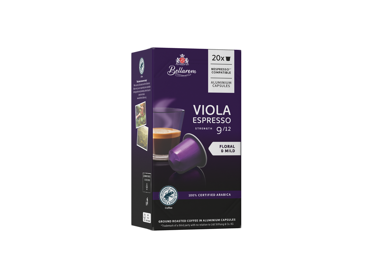 Bellarom Viola Espresso: 20 capsule de aluminiu compatibile Nespresso, floral și blând.