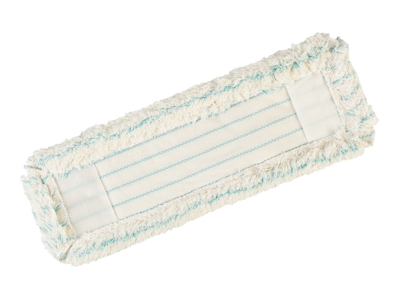 White and blue microfiber mop pad with fringe edges, isolated on a white background.