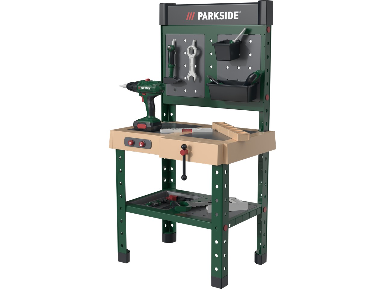 Playtive Parkside Workbench with a drill, tools, and storage bins.
