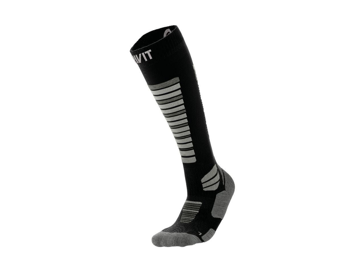 Black and grey ski sock with horizontal stripes and 'VIT' text