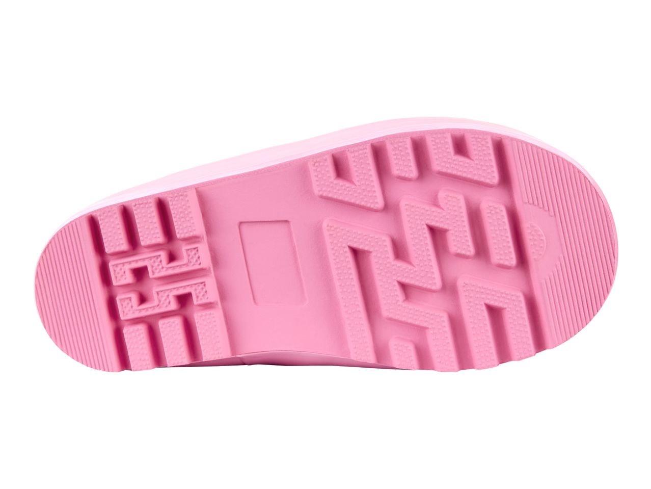 Pink rubber boot sole with a textured tread pattern.