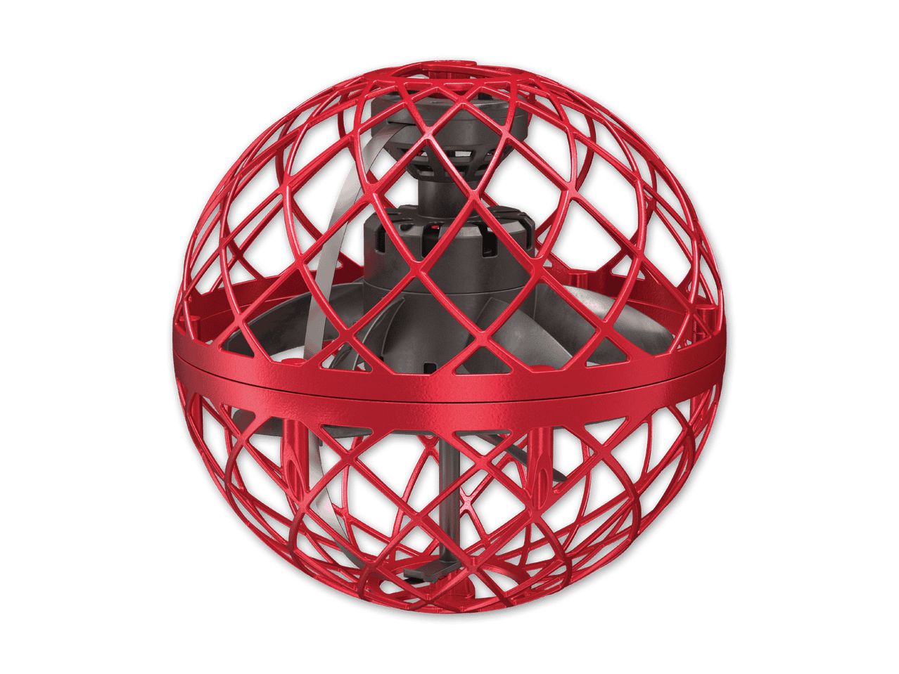 Roter, kugelförmiger Mini-Drohnen-Hubschrauber mit Gitterkäfig und Propeller