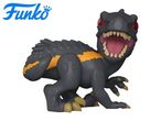 A black dinosaur toy with orange stripes and red eyes, mouth open, showing teeth.