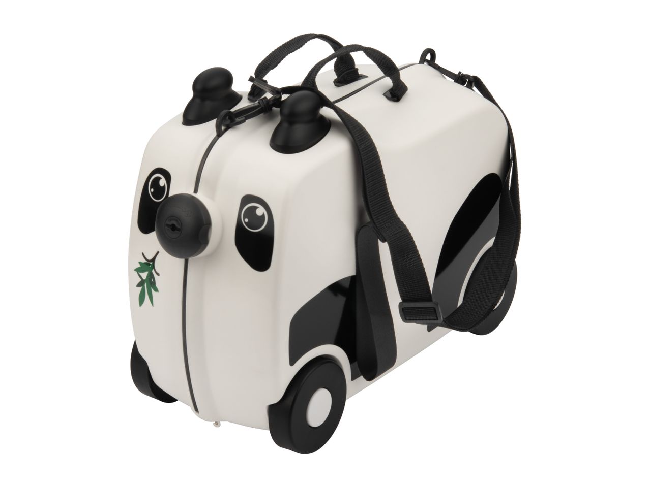 White and black panda-themed children's ride-on suitcase with wheels and a shoulder strap.