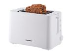 White toaster with two slices of seeded bread inside, ready for toasting.