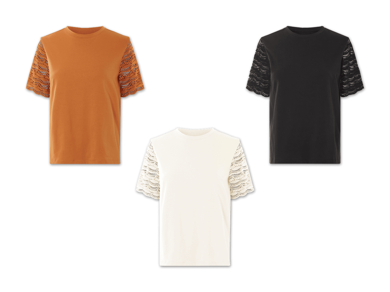 Drei T-Shirts in den Farben Beige, Schwarz und Orange.