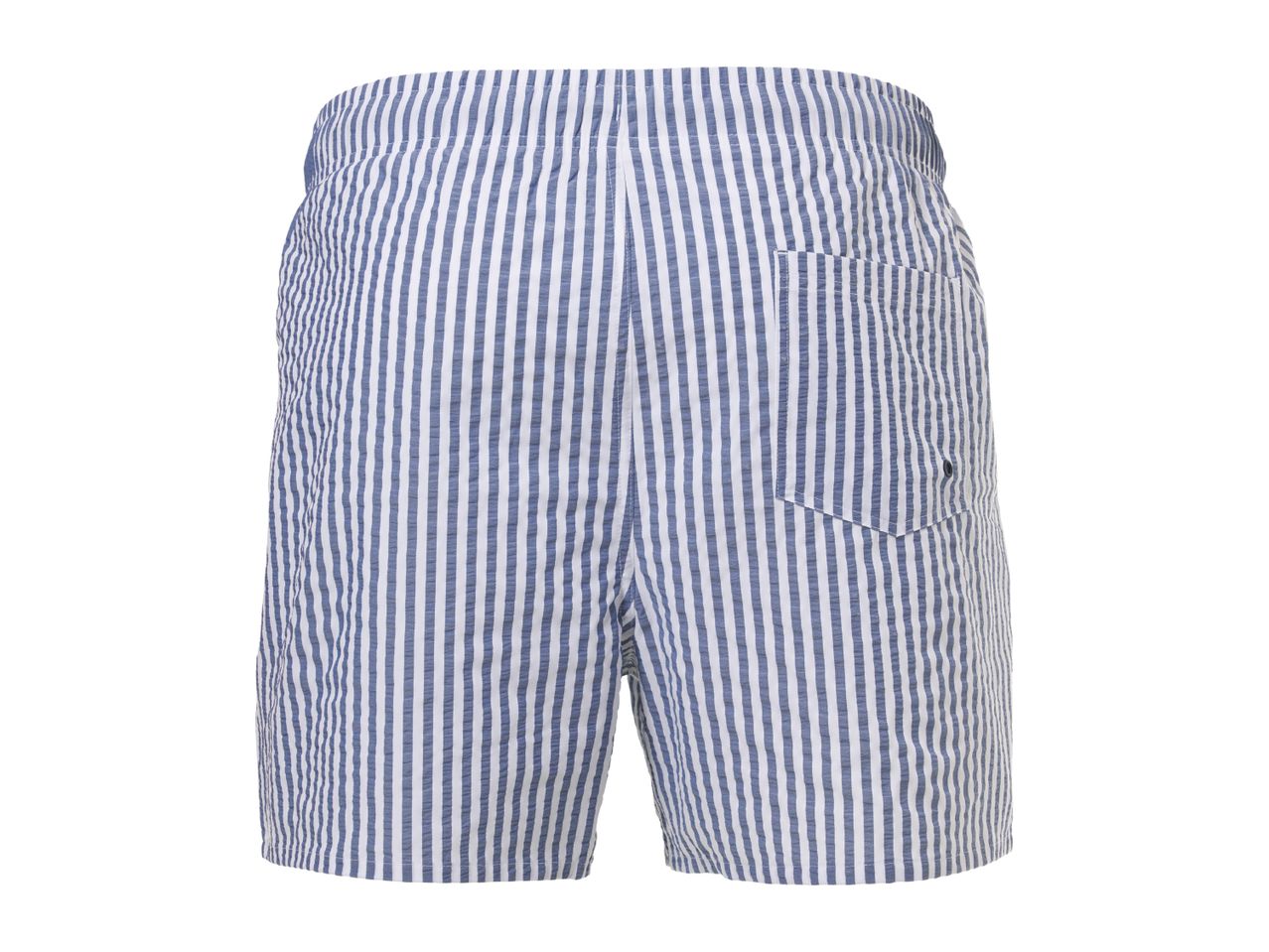 Men's striped blue and white shorts with a back pocket.
