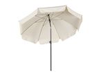 Cream-colored patio umbrella with a black pole and frame, open and angled.