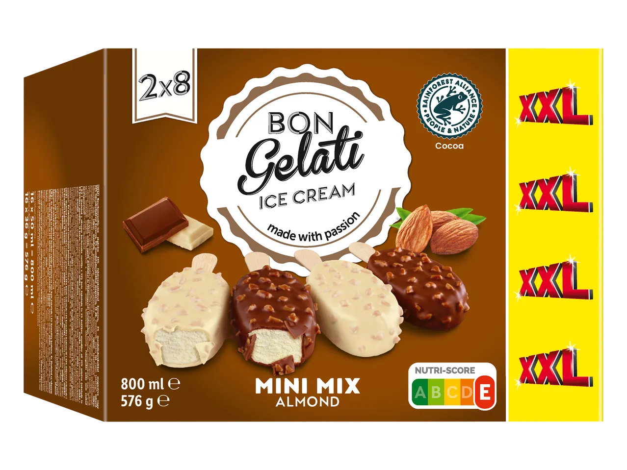 Boîte de glaces mini-bâtonnets à l'amande, enrobées de chocolat blanc et au lait, avec logo Rainforest Alliance.