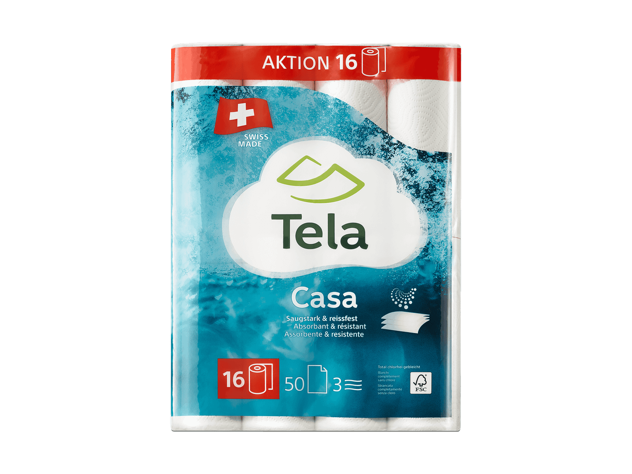 Packung Tela Casa Küchenrolle, 16 Rollen, Swiss Made.