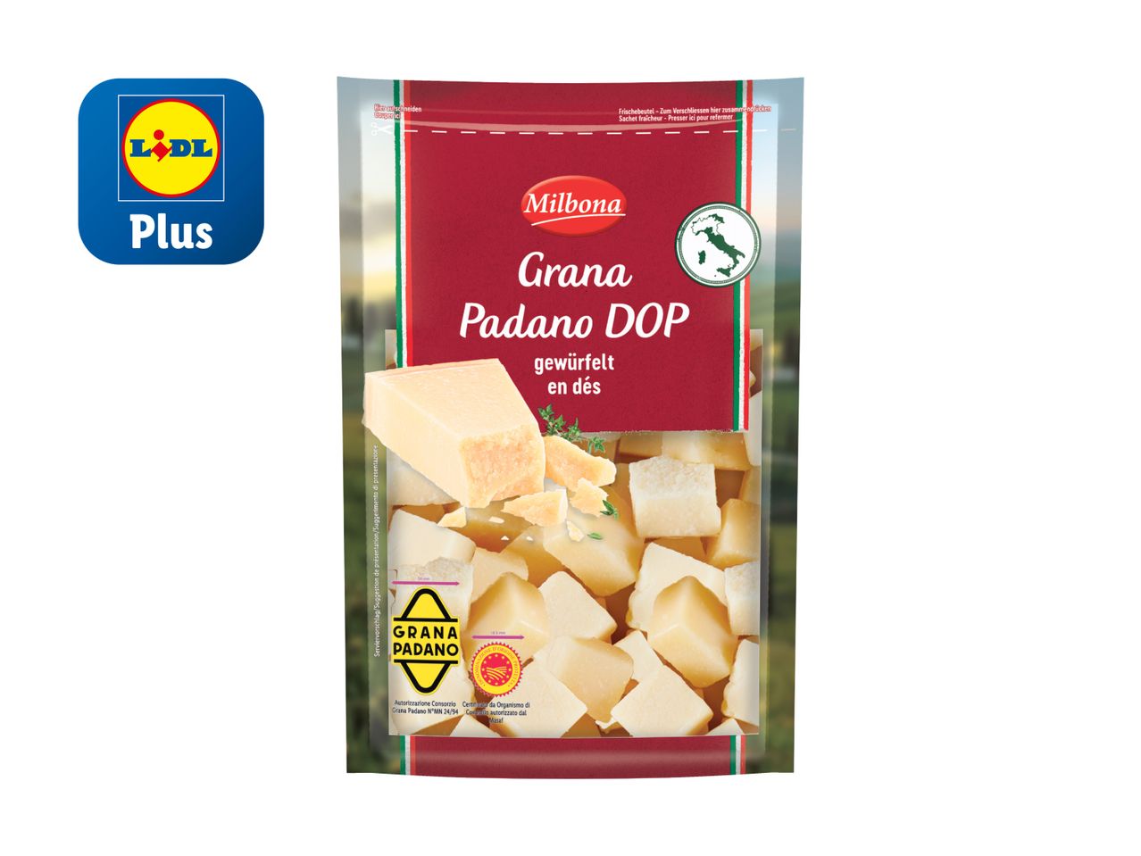 Milbona Grana Padano DOP gewürfelt, erhältlich bei Lidl Plus.