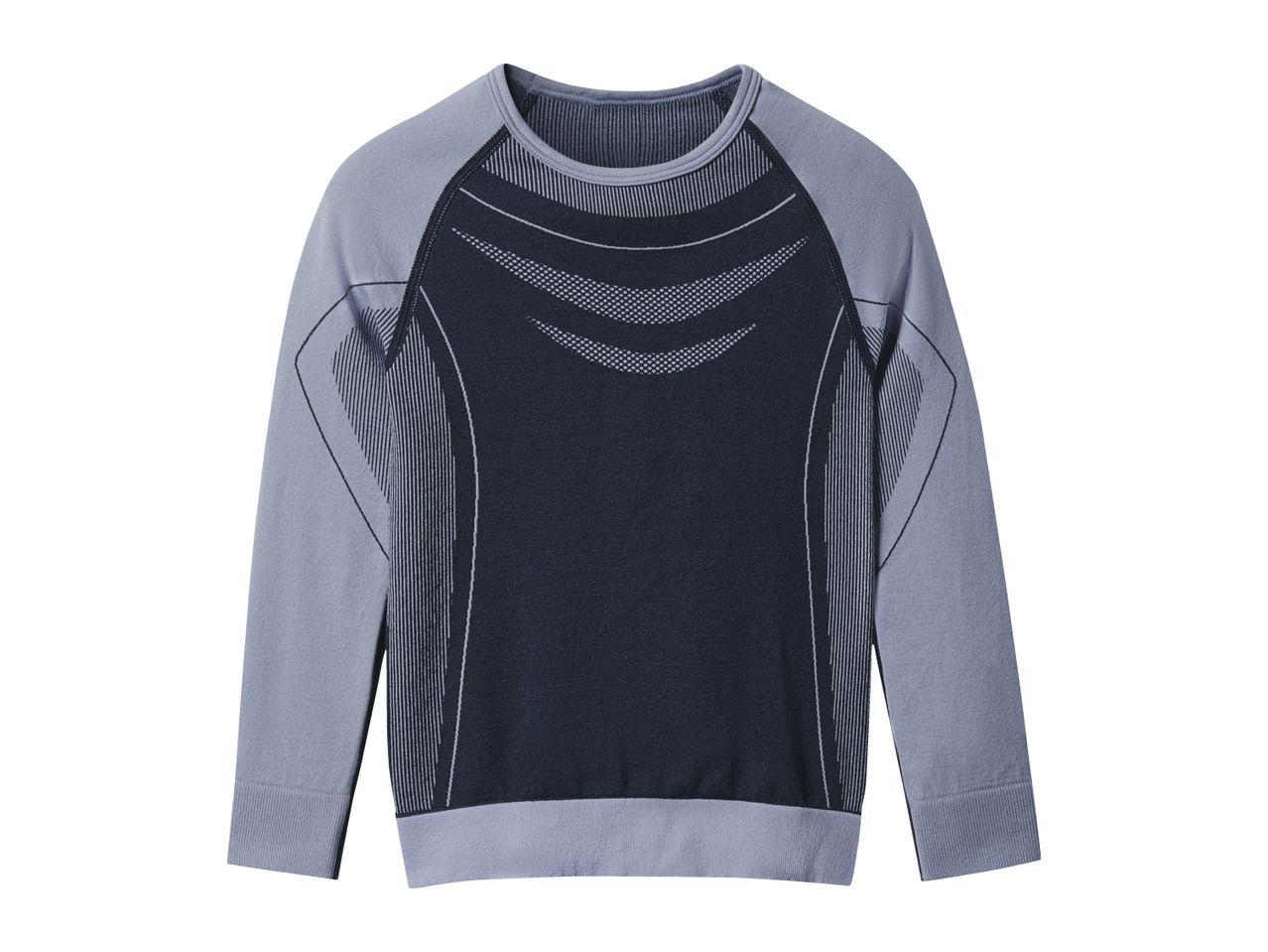 A long-sleeved athletic shirt in dark blue and light blue with a geometric pattern.