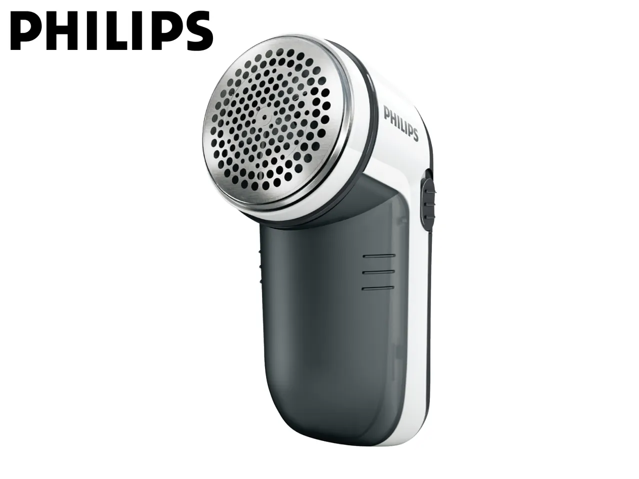 A Philips fabric shaver, a handheld device with a circular shaving head, is shown against a white background.