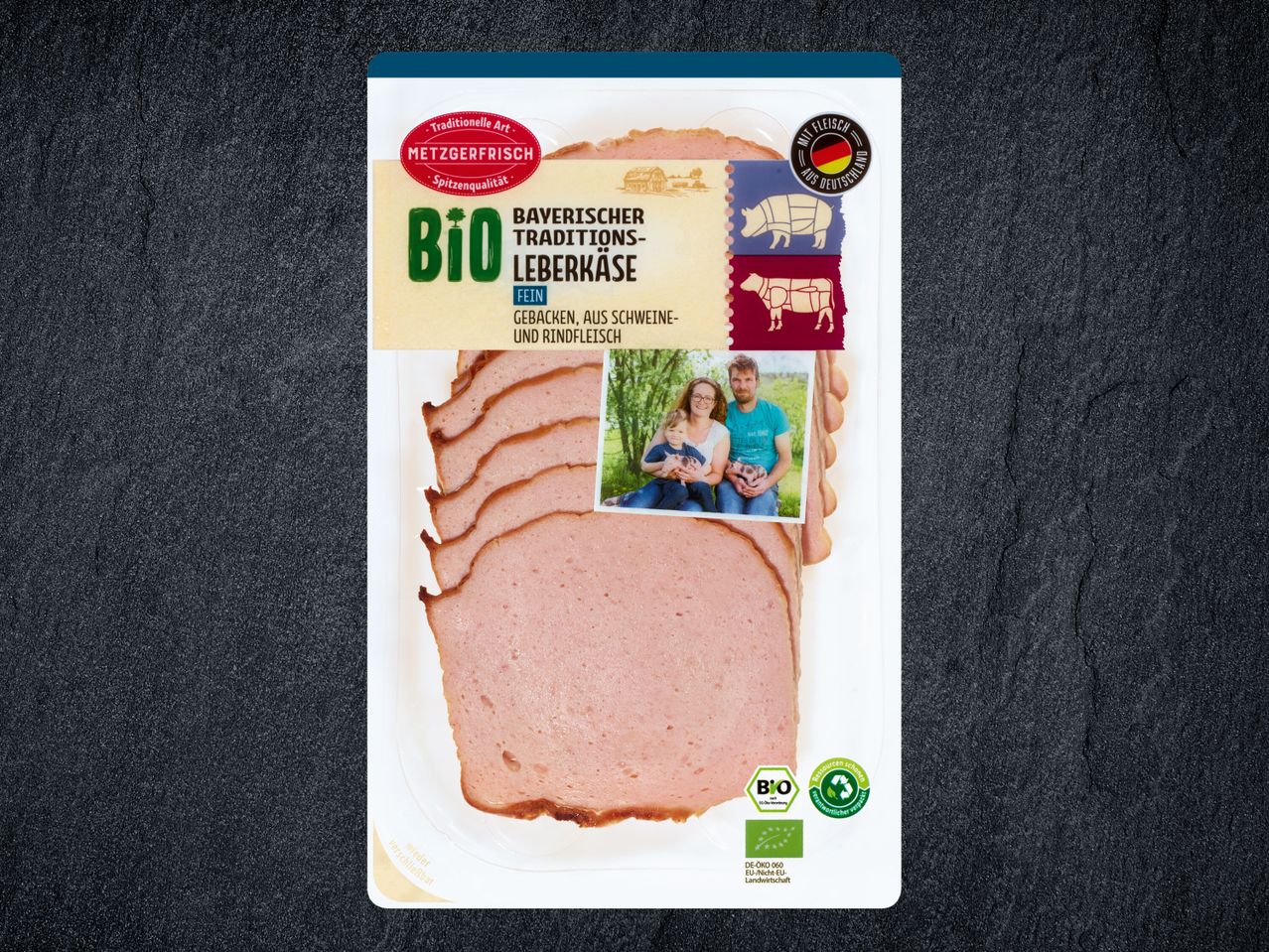 Bio Metzgfrisch Bayerischer Traditions-Leberkäse Scheiben aus Schweine- und Rindfleisch.