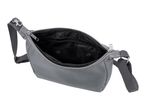 Grey crossbody bag with an open main compartment and internal pockets.
