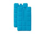 Two blue rectangular ice packs with a grid pattern and text on one of them.