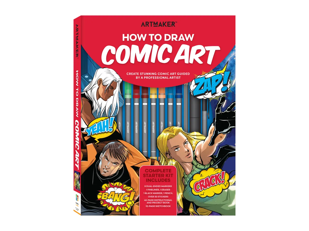 ARTMAKER How to Draw Comic Art kit with markers, fineliner, eraser, pencil, stickers, and books.