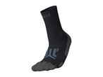 Black athletic sock with grey reinforced toe and heel and blue details.