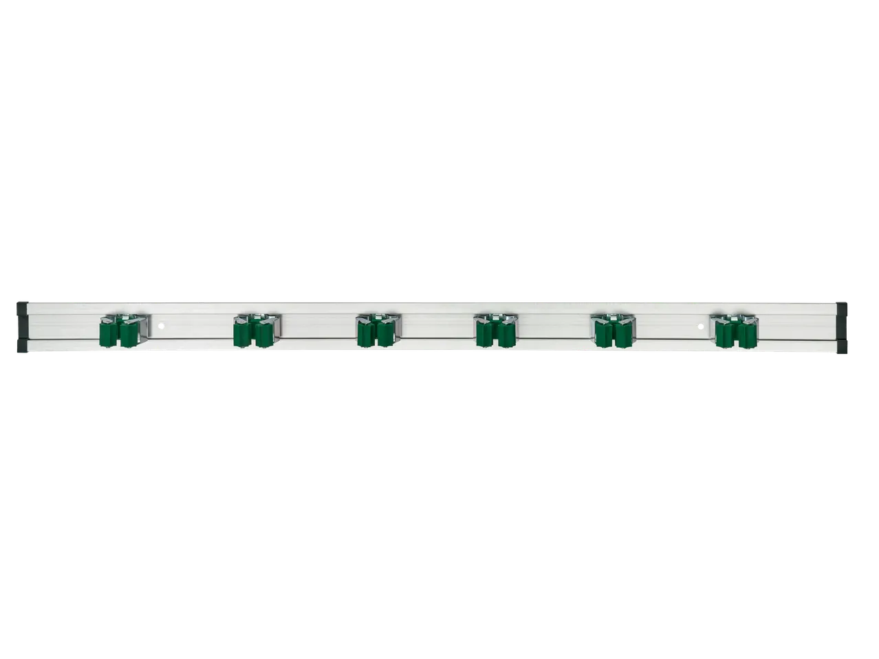 Suporte de ferramentas PARKSIDE com seis grampos verdes em um trilho de metal.