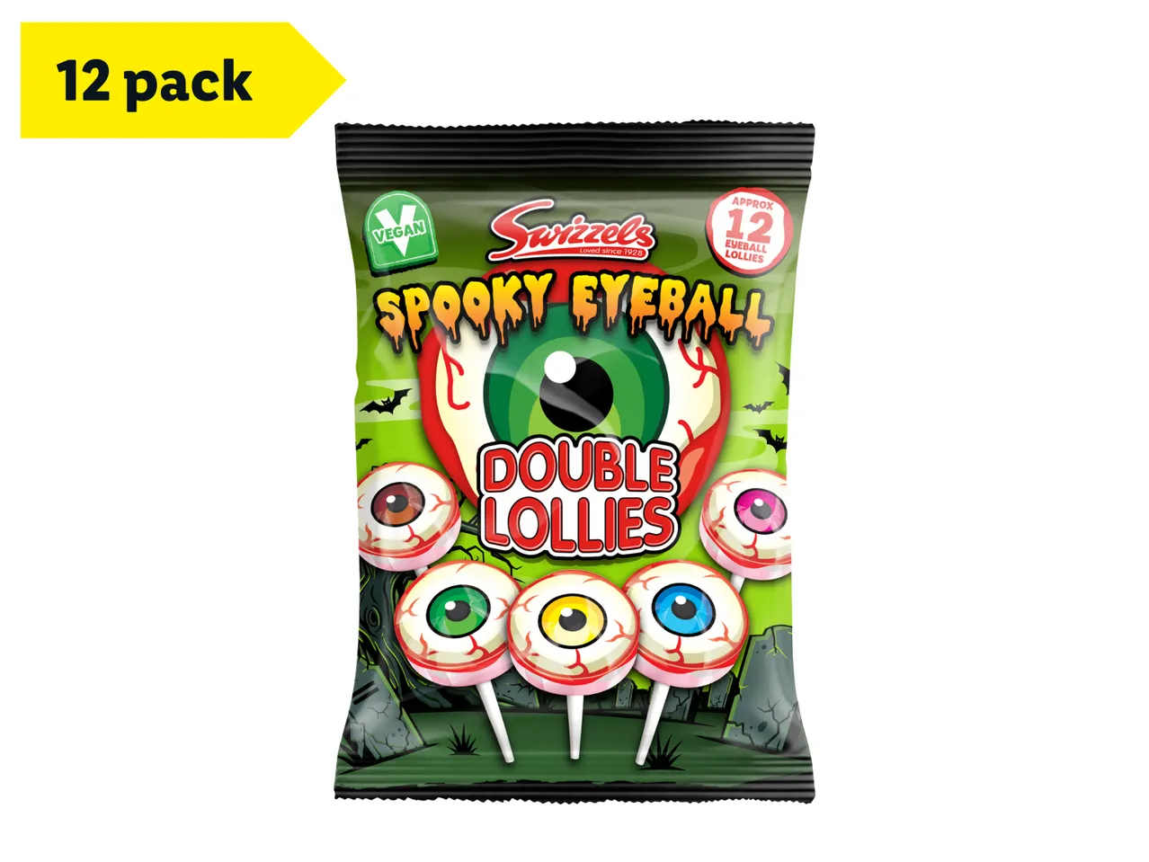 A 12-pack of spooky eyeball double lollies for Halloween.