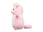 Pink unicorn plush toy with a fluffy mane and tail, viewed from the side.