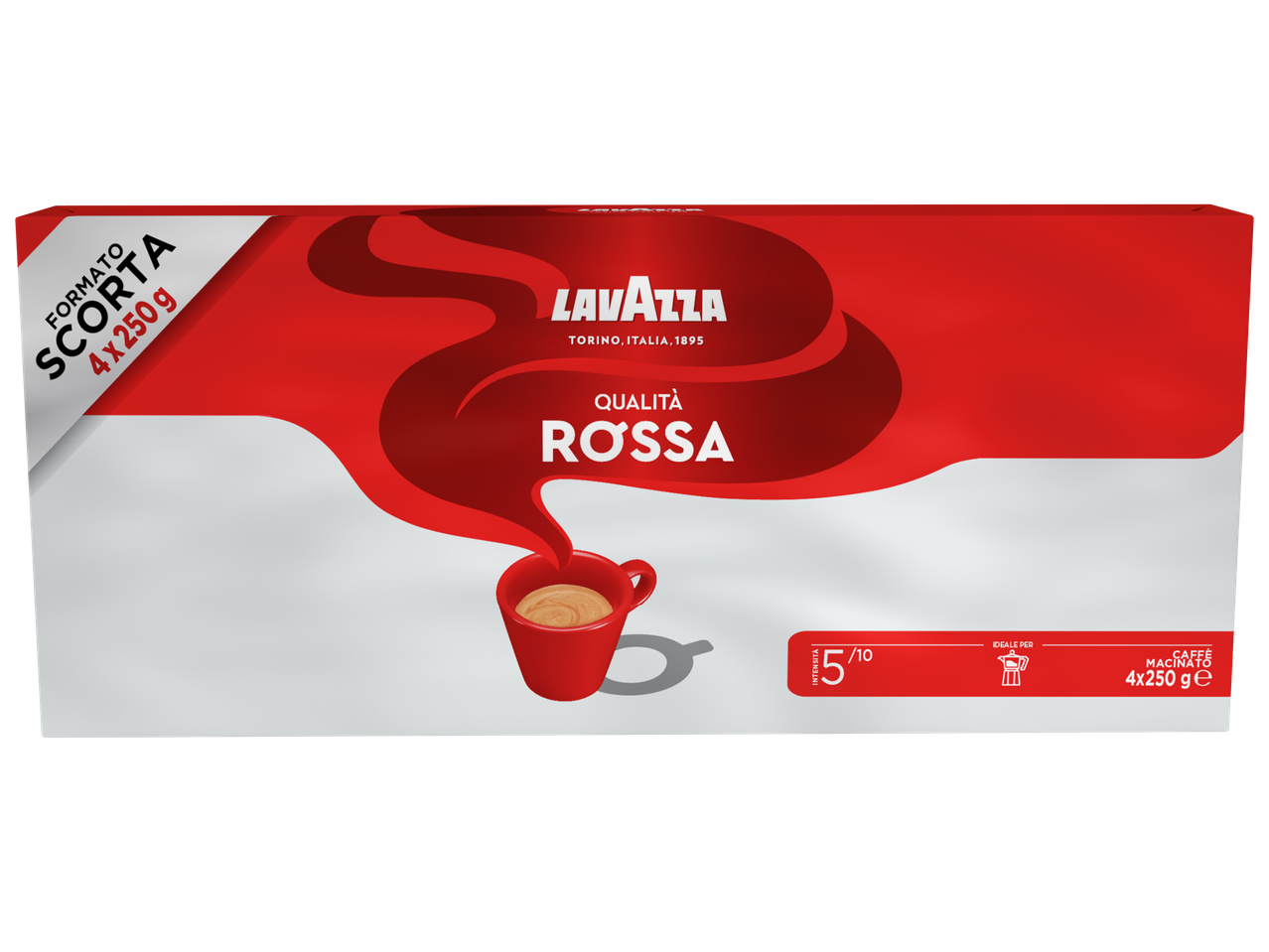 Опаковка от смляно кафе с надпис „Qualità Rossa“, 4x250 г, интензитет 5/10.