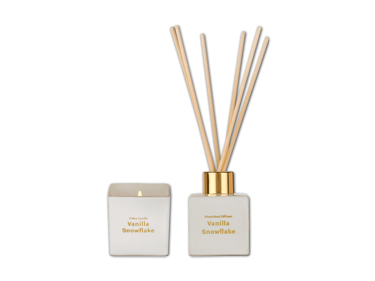 Weihnachtskerze und Reed-Diffusor mit Vanille-Schneeflocken-Duft.